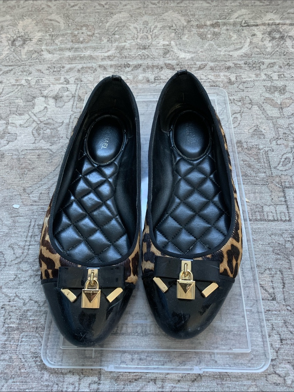 Michael Kors Leopard and Black Patent Ballet Flats with Gold Hardware